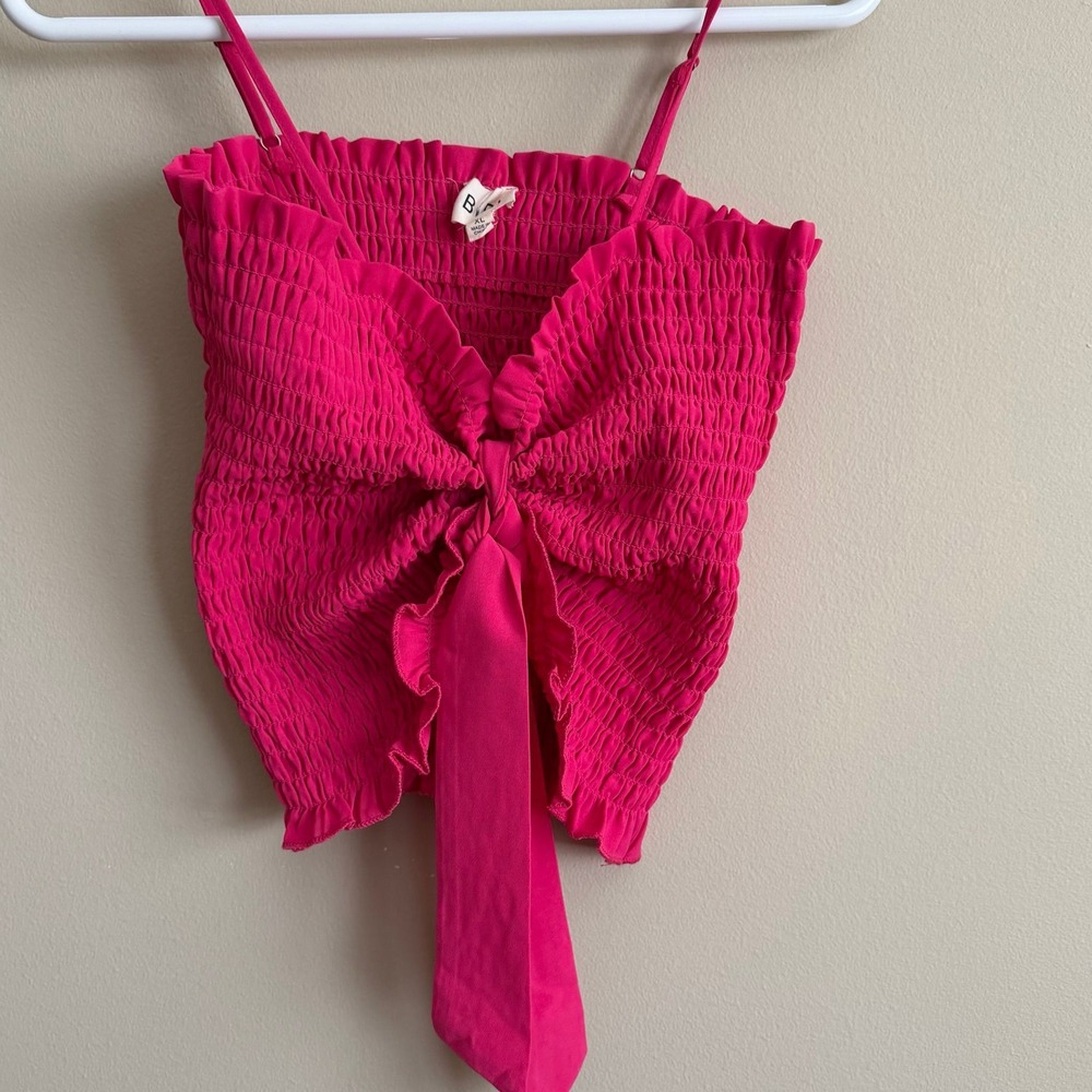 BiB! Hot Pink Smocked Tie Front Cami Top XL Y2K Coquette Fairy Boho Festival